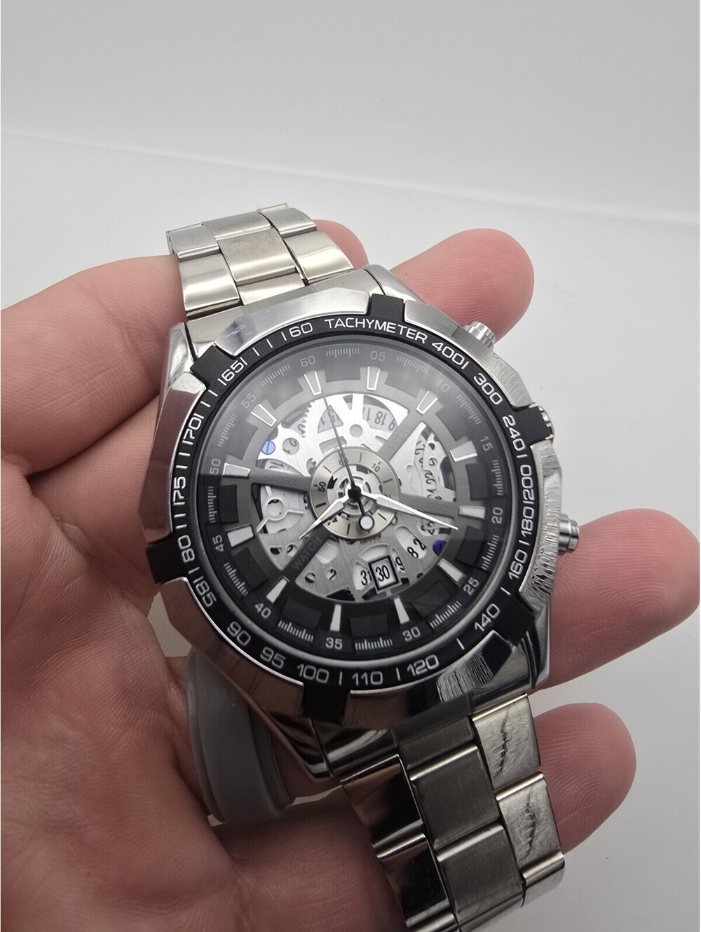 VETRA Men’s Skeleton Style Quartz Watch Silver Tone Tachymeter Metal Bracelet